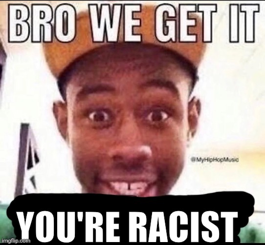 Bro we get it (blank) | YOU'RE RACIST | image tagged in bro we get it blank | made w/ Imgflip meme maker