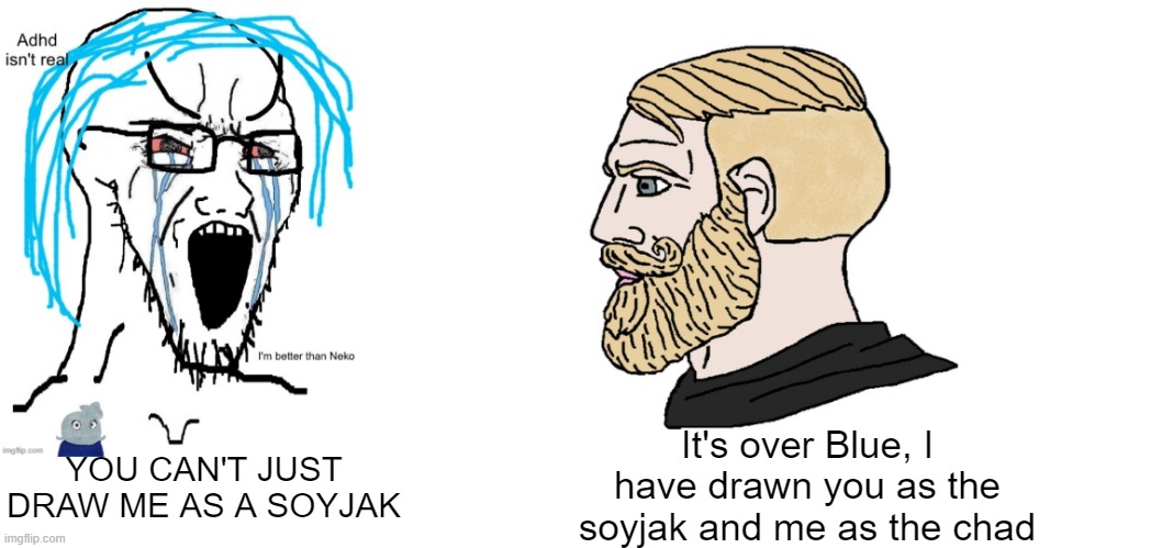 It's over Blue, I have drawn you as the soyjak and me as the chad; YOU CAN'T JUST DRAW ME AS A SOYJAK | image tagged in chad yes | made w/ Imgflip meme maker