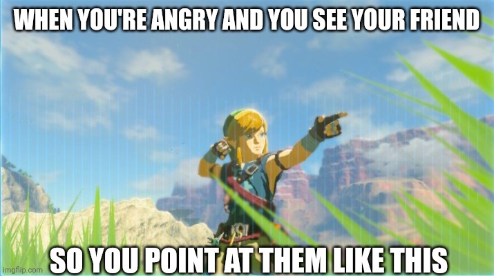 Passive aggressive link | WHEN YOU'RE ANGRY AND YOU SEE YOUR FRIEND; SO YOU POINT AT THEM LIKE THIS | image tagged in link,passive aggressive,friends | made w/ Imgflip meme maker