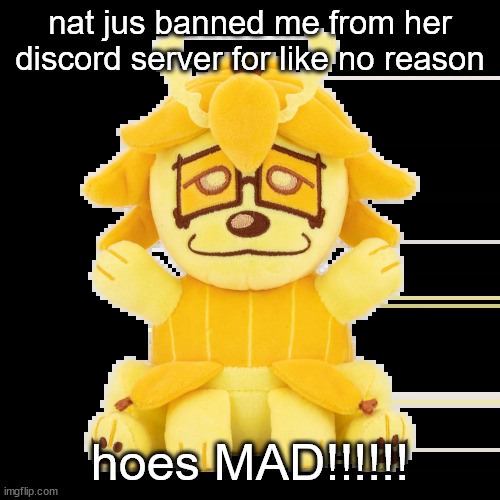 i dodnt even do anything i am luaghing | nat jus banned me from her discord server for like no reason; hoes MAD!!!!!! | image tagged in split plush | made w/ Imgflip meme maker