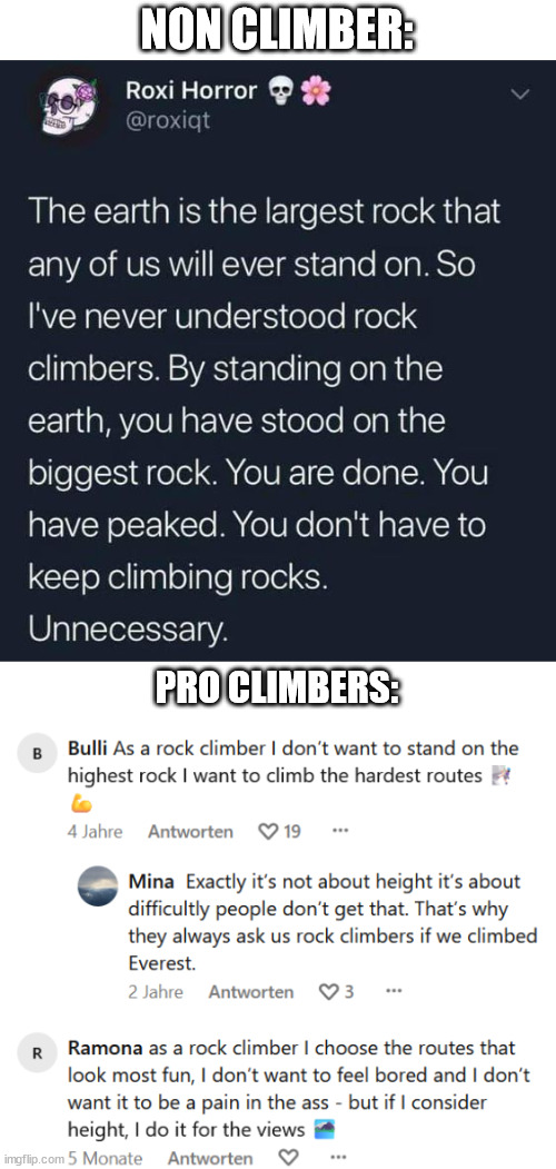 Climbers are weird to the most peoples | NON CLIMBER:; PRO CLIMBERS: | image tagged in climber,meme,lattice climbing,adventure,earth,freesolo | made w/ Imgflip meme maker
