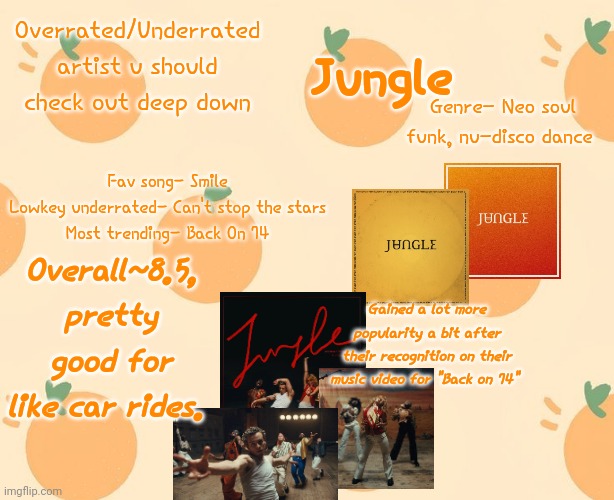 Putting y'all on some music bc the stuff some of u guys listen to is... Smth.. | Jungle; Overrated/Underrated artist u should check out deep down; Genre- Neo soul funk, nu-disco dance; Fav song- Smile
Lowkey underrated- Can't stop the stars

Most trending- Back On 74; Overall~8.5, pretty good for like car rides. Gained a lot more popularity a bit after their recognition on their music video for "Back on 74" | image tagged in chuu,music | made w/ Imgflip meme maker