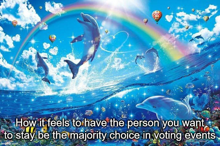 Happy dolphin rainbow | How it feels to have the person you want to stay be the majority choice in voting events | image tagged in happy dolphin rainbow | made w/ Imgflip meme maker