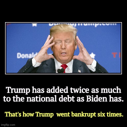 He was always lousy at math. | Trump has added twice as much to the national debt as Biden has. | That's how Trump  went bankrupt six times. | image tagged in funny,demotivationals,trump,national debt,bankruptcy,biden | made w/ Imgflip demotivational maker