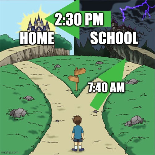 not supposed to be funny | 2:30 PM; SCHOOL; HOME; 7:40 AM | image tagged in two paths | made w/ Imgflip meme maker