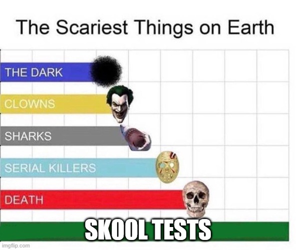 school must be banned | SK00L TESTS | image tagged in scariest things in the world | made w/ Imgflip meme maker