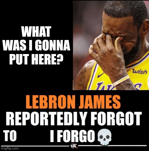 Lebron James Reportedly forgot to | WHAT WAS I GONNA PUT HERE? I FORGO💀 | image tagged in lebron james reportedly forgot to | made w/ Imgflip meme maker