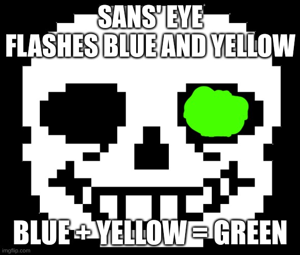 Have you ever thought of this? (Sans' yellow eye is underrated tbh) | SANS' EYE FLASHES BLUE AND YELLOW; BLUE + YELLOW = GREEN | image tagged in sans,undertale,eyes | made w/ Imgflip meme maker