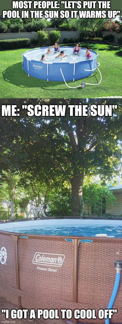 WHY WOULD YOU WANNA SWIM IN WARM WATER? | MOST PEOPLE: "LET'S PUT THE POOL IN THE SUN SO IT WARMS UP"; ME: "SCREW THE SUN"; "I GOT A POOL TO COOL OFF" | image tagged in swimming pool,swimming,summer,tree | made w/ Imgflip meme maker