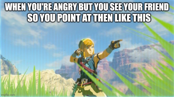 Passive aggressive link | WHEN YOU'RE ANGRY BUT YOU SEE YOUR FRIEND; SO YOU POINT AT THEN LIKE THIS | image tagged in passive aggressive link,friends,point | made w/ Imgflip meme maker