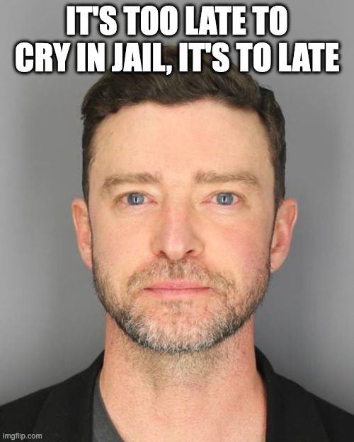 Justin Timberlake DUI Mugshot | IT'S TOO LATE TO CRY IN JAIL, IT'S TO LATE | image tagged in justin timberlake dui mugshot,memes,meme,funny,fun,if you know you know | made w/ Imgflip meme maker