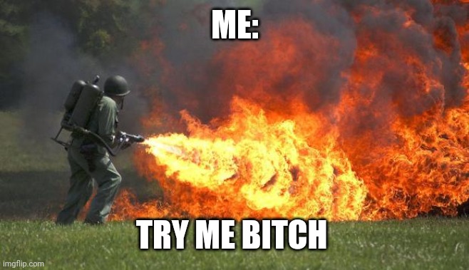flamethrower | ME: TRY ME BITCH | image tagged in flamethrower | made w/ Imgflip meme maker