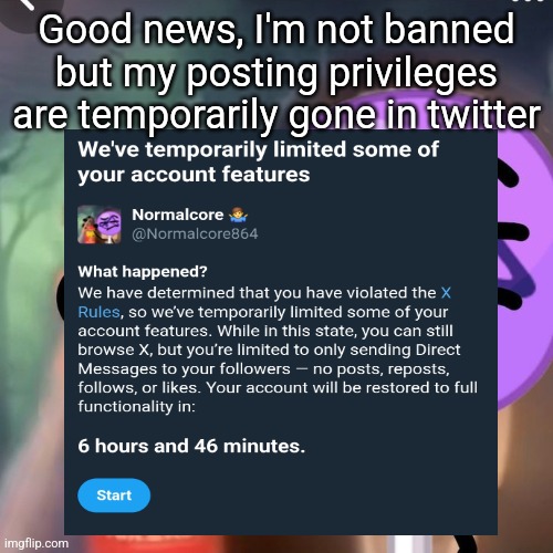 gwuh | Good news, I'm not banned but my posting privileges are temporarily gone in twitter | image tagged in gwuh | made w/ Imgflip meme maker
