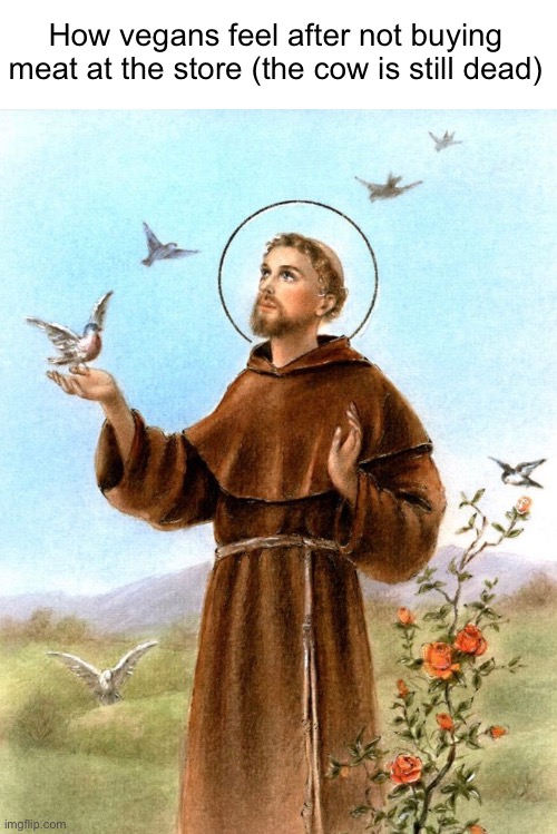 Saint Francis of Assisi | How vegans feel after not buying meat at the store (the cow is still dead) | image tagged in saint francis of assisi | made w/ Imgflip meme maker