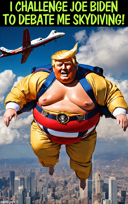 I CHALLENGE JOE BIDEN TO DEBATE ME SKYDIVING! | image tagged in trump,dare,skydiving,biden,debate,presidential debate | made w/ Imgflip meme maker