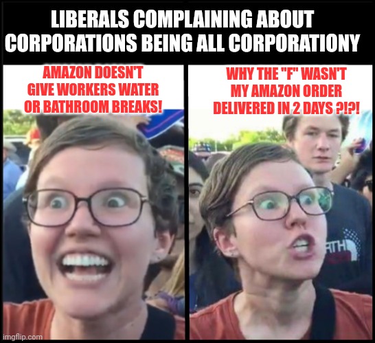 When liberal woman hears | AMAZON DOESN'T GIVE WORKERS WATER OR BATHROOM BREAKS! WHY THE "F" WASN'T MY AMAZON ORDER DELIVERED IN 2 DAYS ?!?! LIBERALS COMPLAINING ABOUT | image tagged in when liberal woman hears | made w/ Imgflip meme maker