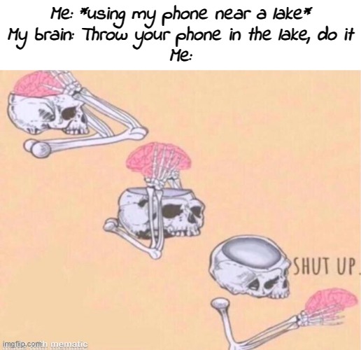 intrusive thoughts | Me: *using my phone near a lake*
My brain: Throw your phone in the lake, do it
Me: | image tagged in skeleton shut up meme | made w/ Imgflip meme maker