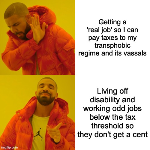 transphobic regime moment | Getting a 'real job' so I can pay taxes to my transphobic regime and its vassals; Living off disability and working odd jobs below the tax threshold so they don't get a cent | image tagged in memes,drake hotline bling,transphobia,regime,funny,taxes | made w/ Imgflip meme maker