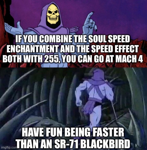 Nyoom | IF YOU COMBINE THE SOUL SPEED ENCHANTMENT AND THE SPEED EFFECT BOTH WITH 255, YOU CAN GO AT MACH 4; HAVE FUN BEING FASTER THAN AN SR-71 BLACKBIRD | image tagged in he man skeleton advices,i am speed | made w/ Imgflip meme maker