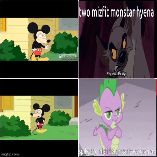 BANZAI AND SPIKE DISLIKES MICKEY MOUSE FROM FAMILY GUY [ happy 30th anniversary the  lion king] | image tagged in family guy mickey mouse,my little pony,the lion king | made w/ Imgflip meme maker