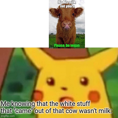 Vegan brain no work lol | Me knowing that the white stuff that "came" out of that cow wasn't milk: | image tagged in memes,suprised pikachu,pikachu,pokemon,anti-vegan,liberal vs conservative | made w/ Imgflip meme maker