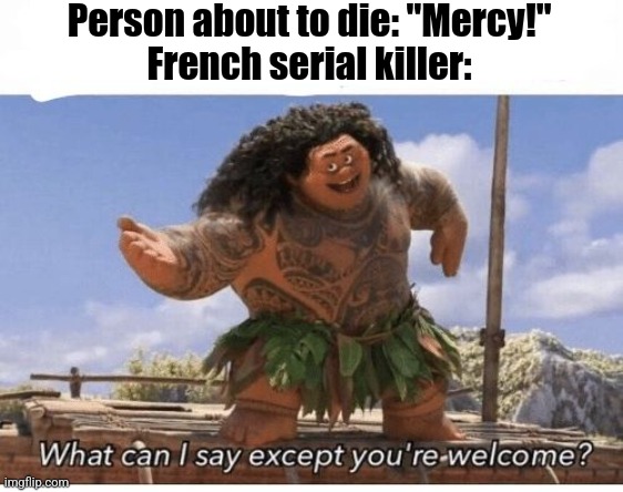 French funny | Person about to die: "Mercy!"
French serial killer: | image tagged in what can i say except you're welcome | made w/ Imgflip meme maker