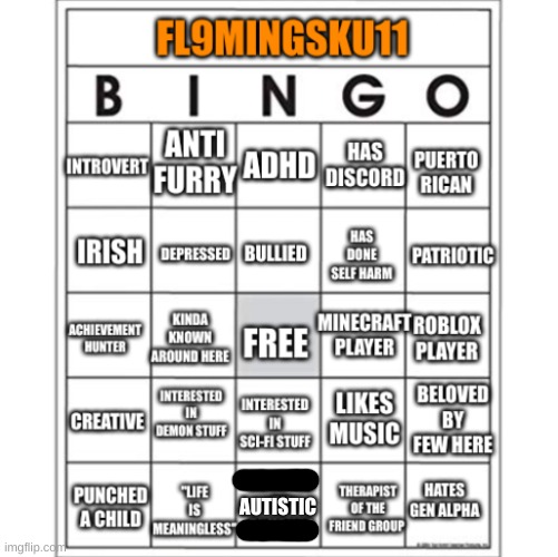 Fl9mingSKu11 Bingo | AUTISTIC | image tagged in fl9mingsku11 bingo | made w/ Imgflip meme maker