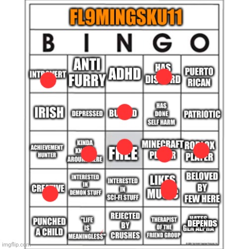 Fl9mingSku11 Bingo | DEPENDS | image tagged in fl9mingsku11 bingo | made w/ Imgflip meme maker