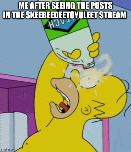 Don't go there, unless you want to see people twerking | ME AFTER SEEING THE POSTS IN THE SKEEBEEDEETOYULEET STREAM | image tagged in homer bleaching eyes,twerking,the simpsons,skeebeedeetoyuleet,stream | made w/ Imgflip meme maker