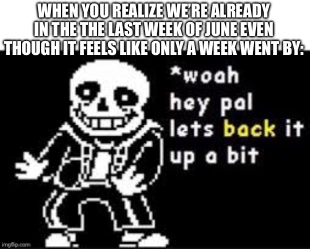 How TF is it already the 24th of June!? | WHEN YOU REALIZE WE’RE ALREADY IN THE THE LAST WEEK OF JUNE EVEN THOUGH IT FEELS LIKE ONLY A WEEK WENT BY: | image tagged in woah hey there buddy lets back it up a bit | made w/ Imgflip meme maker