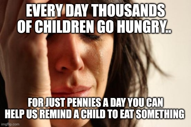 First World Problems | EVERY DAY THOUSANDS OF CHILDREN GO HUNGRY.. FOR JUST PENNIES A DAY YOU CAN HELP US REMIND A CHILD TO EAT SOMETHING | image tagged in memes,first world problems | made w/ Imgflip meme maker