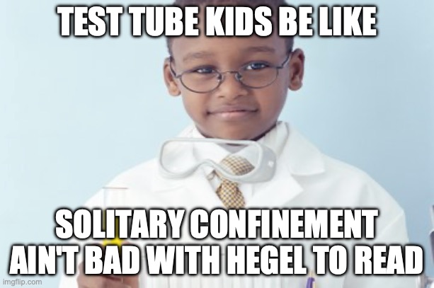 Test tube kids be like | TEST TUBE KIDS BE LIKE; SOLITARY CONFINEMENT AIN'T BAD WITH HEGEL TO READ | image tagged in test tube kids,genetic engineering,genetics,genetics humor,science,test tube humor | made w/ Imgflip meme maker