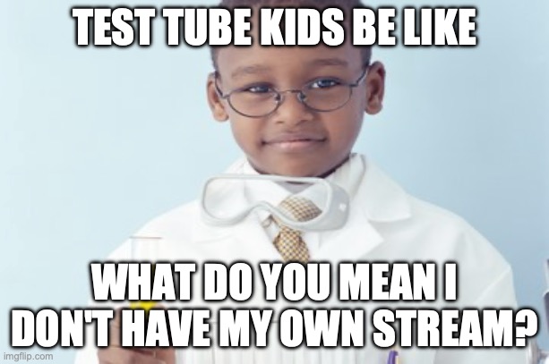 Test tube kids be like | TEST TUBE KIDS BE LIKE; WHAT DO YOU MEAN I DON'T HAVE MY OWN STREAM? | image tagged in test tube kids,genetic engineering,genetics,genetics humor,science,test tube humor | made w/ Imgflip meme maker