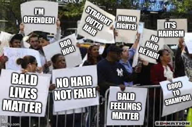 protest | I'M OFFENDED! STRAIGHT
OUTTA
HAIR; HUMAN
RIGHTS! IT'S 
HAIRISM; NO HAIR
BE FAIR! BOO
HOO! BALD
LIVES
MATTER; NO HAIR
NOT FAIR! BOOO
TO
SHAMPOO! BALD
FEELINGS
MATTER | image tagged in protest | made w/ Imgflip meme maker