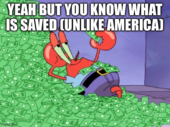 mr krabs money | YEAH BUT YOU KNOW WHAT IS SAVED (UNLIKE AMERICA) | image tagged in mr krabs money | made w/ Imgflip meme maker