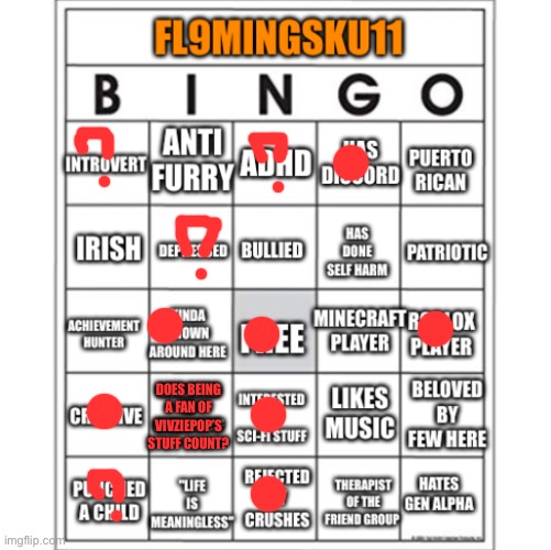 Fl9mingSku11 Bingo | DOES BEING A FAN OF VIVZIEPOP’S STUFF COUNT? | image tagged in fl9mingsku11 bingo | made w/ Imgflip meme maker