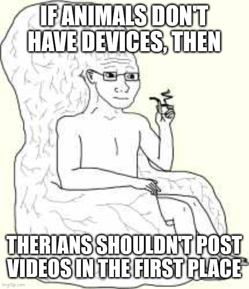 Big Brain Wojak | IF ANIMALS DON'T HAVE DEVICES, THEN; THERIANS SHOULDN'T POST VIDEOS IN THE FIRST PLACE | image tagged in big brain wojak | made w/ Imgflip meme maker