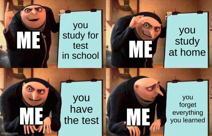 me all the time: | you study for test in school; you study at home; ME; ME; you have the test; you forget everything you learned; ME; ME | image tagged in memes,gru's plan,school | made w/ Imgflip meme maker