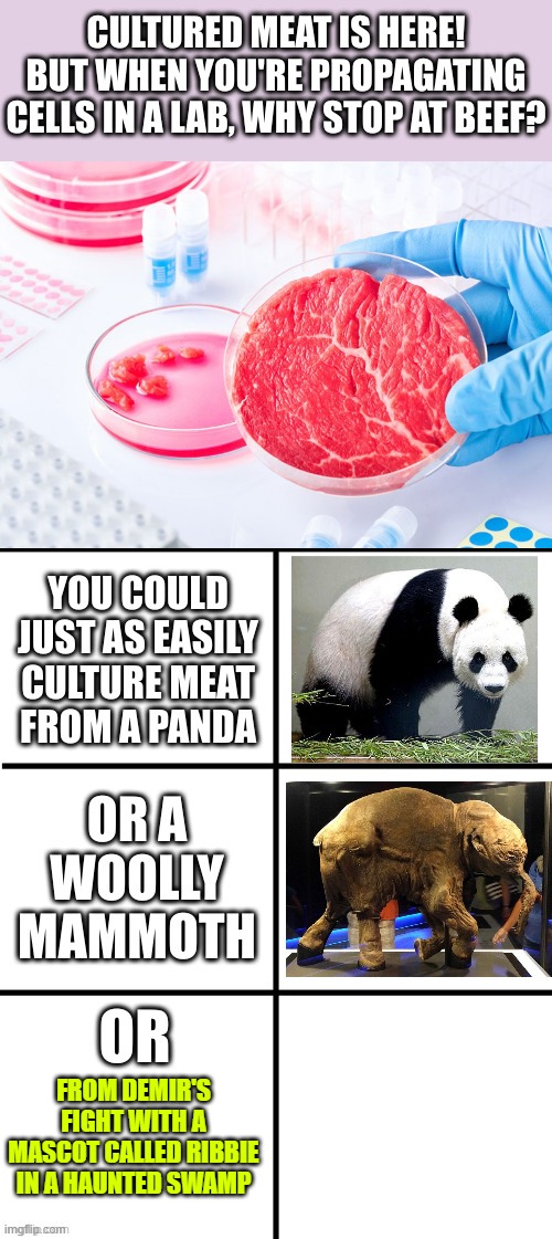 cultured meat | FROM DEMIR'S FIGHT WITH A MASCOT CALLED RIBBIE IN A HAUNTED SWAMP | image tagged in cultured meat | made w/ Imgflip meme maker
