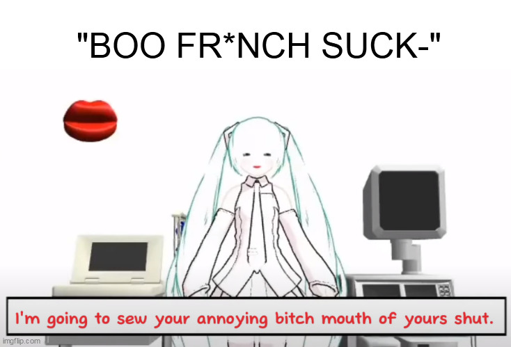 "french su-" okay buddy we get it | "BOO FR*NCH SUCK-" | image tagged in miku sews your mouth shut | made w/ Imgflip meme maker