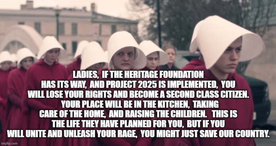 Handmaids Tale | LADIES,  IF THE HERITAGE FOUNDATION HAS ITS WAY,  AND PROJECT 2025 IS IMPLEMENTED,  YOU WILL LOSE YOUR RIGHTS AND BECOME A SECOND CLASS CITIZEN.   YOUR PLACE WILL BE IN THE KITCHEN,  TAKING CARE OF THE HOME,  AND RAISING THE CHILDREN.   THIS IS THE LIFE THEY HAVE PLANNED FOR YOU,  BUT IF YOU WILL UNITE AND UNLEASH YOUR RAGE,  YOU MIGHT JUST SAVE OUR COUNTRY. | image tagged in handmaids tale | made w/ Imgflip meme maker