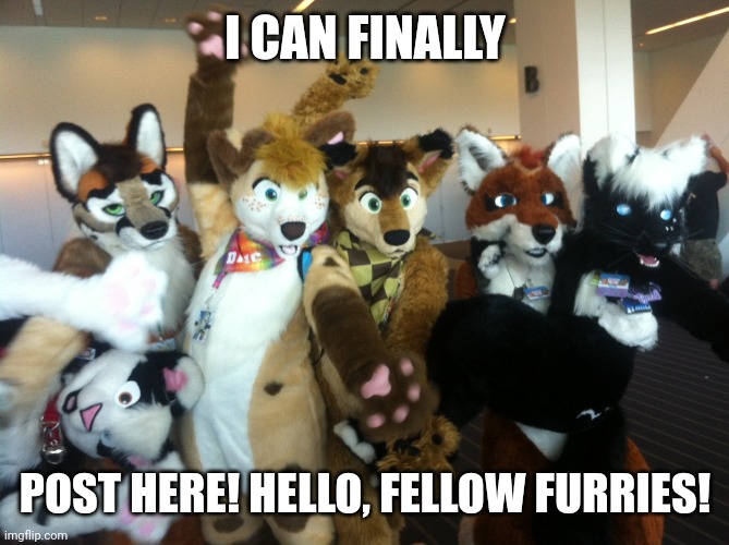 Furries | I CAN FINALLY; POST HERE! HELLO, FELLOW FURRIES! | image tagged in furries,furry,furries-stream | made w/ Imgflip meme maker