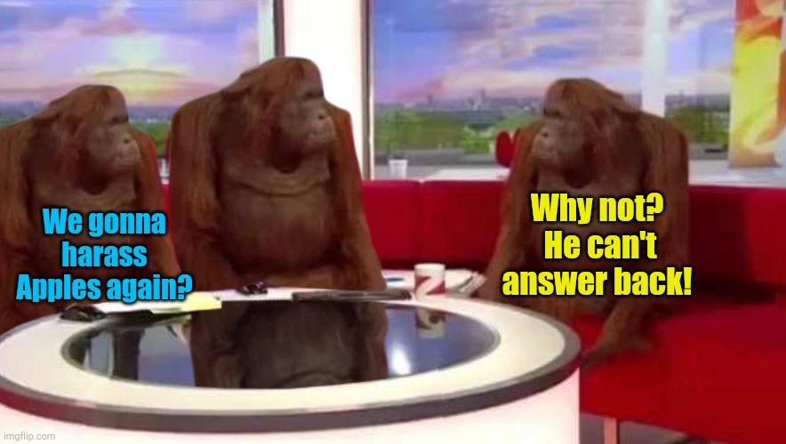 MAGA monkey mentality | Why not?  He can't answer back! We gonna harass Apples again? | image tagged in where monkey | made w/ Imgflip meme maker