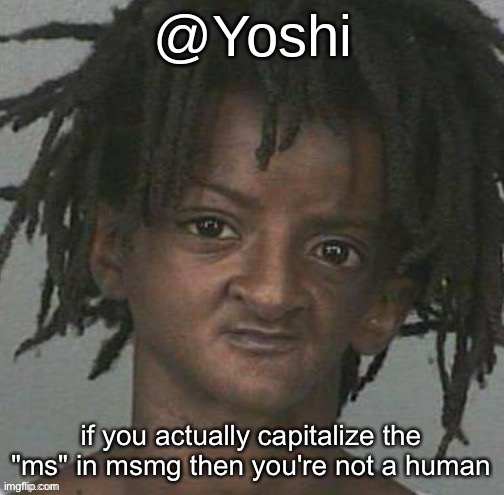 yoshi's cursed mugshot temp | if you actually capitalize the "ms" in msmg then you're not a human | image tagged in yoshi's cursed mugshot temp | made w/ Imgflip meme maker