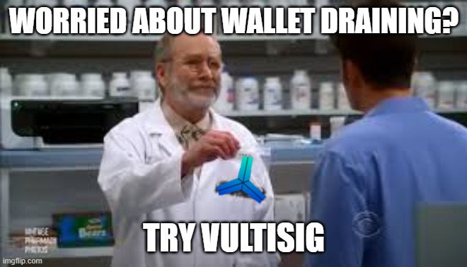 Vultisig anti wallet draining | WORRIED ABOUT WALLET DRAINING? TRY VULTISIG | image tagged in vultisg,vult,two men,charlie,crypto,thorchain | made w/ Imgflip meme maker