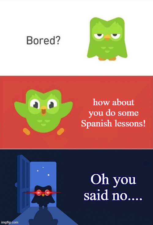 Duolingo Bored 3-Panel | how about you do some Spanish lessons! Oh you said no.... | image tagged in duolingo bored 3-panel,spanish,duolingo,obama,america,deep fried | made w/ Imgflip meme maker