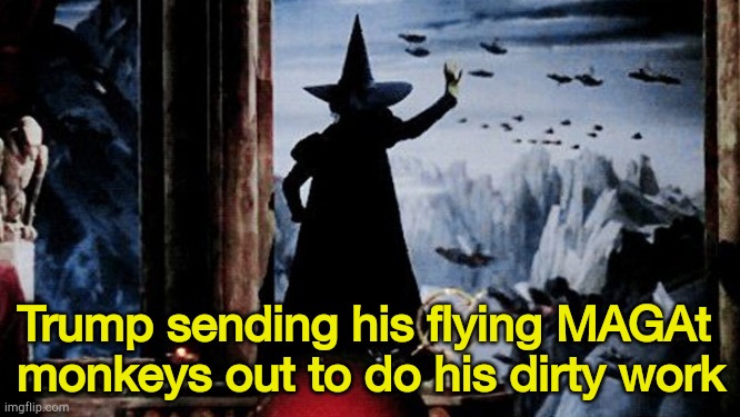 Fly, monkeys, fly! | Trump sending his flying MAGAt 
monkeys out to do his dirty work | image tagged in wicked witch | made w/ Imgflip meme maker