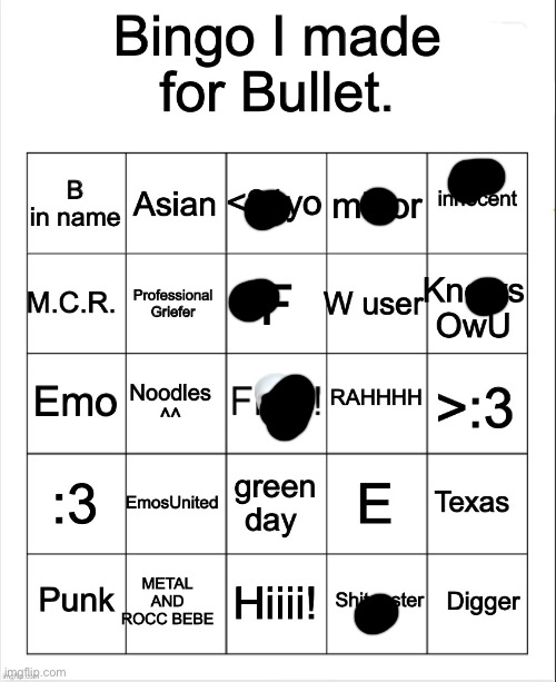 Bingo I made for Bullet by OwU- | image tagged in bingo i made for bullet by owu- | made w/ Imgflip meme maker