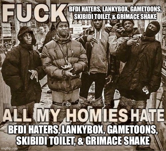 All My Homies Hate | BFDI HATERS, LANKYBOX, GAMETOONS, SKIBIDI TOILET, & GRIMACE SHAKE; BFDI HATERS, LANKYBOX, GAMETOONS, SKIBIDI TOILET, & GRIMACE SHAKE | image tagged in all my homies hate | made w/ Imgflip meme maker