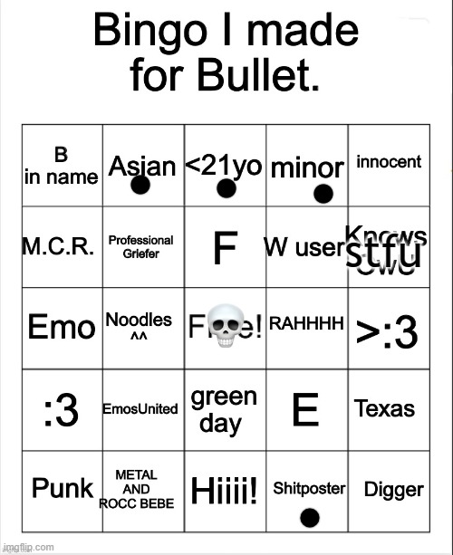 Bingo I made for Bullet by OwU- | stfu | image tagged in bingo i made for bullet by owu- | made w/ Imgflip meme maker